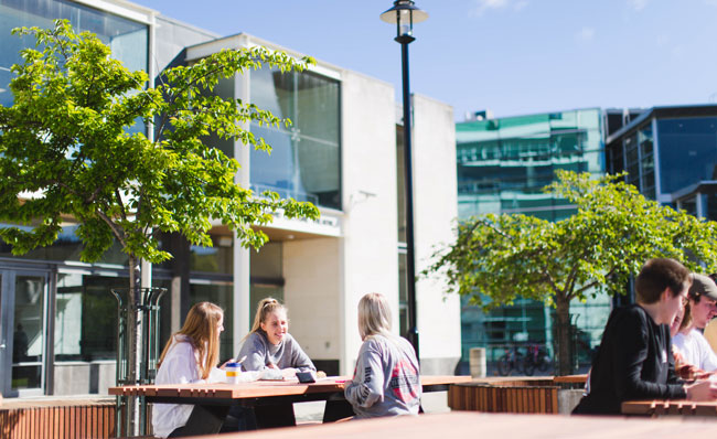 Students sitting at a picnic table outside with trees and buildings around them.